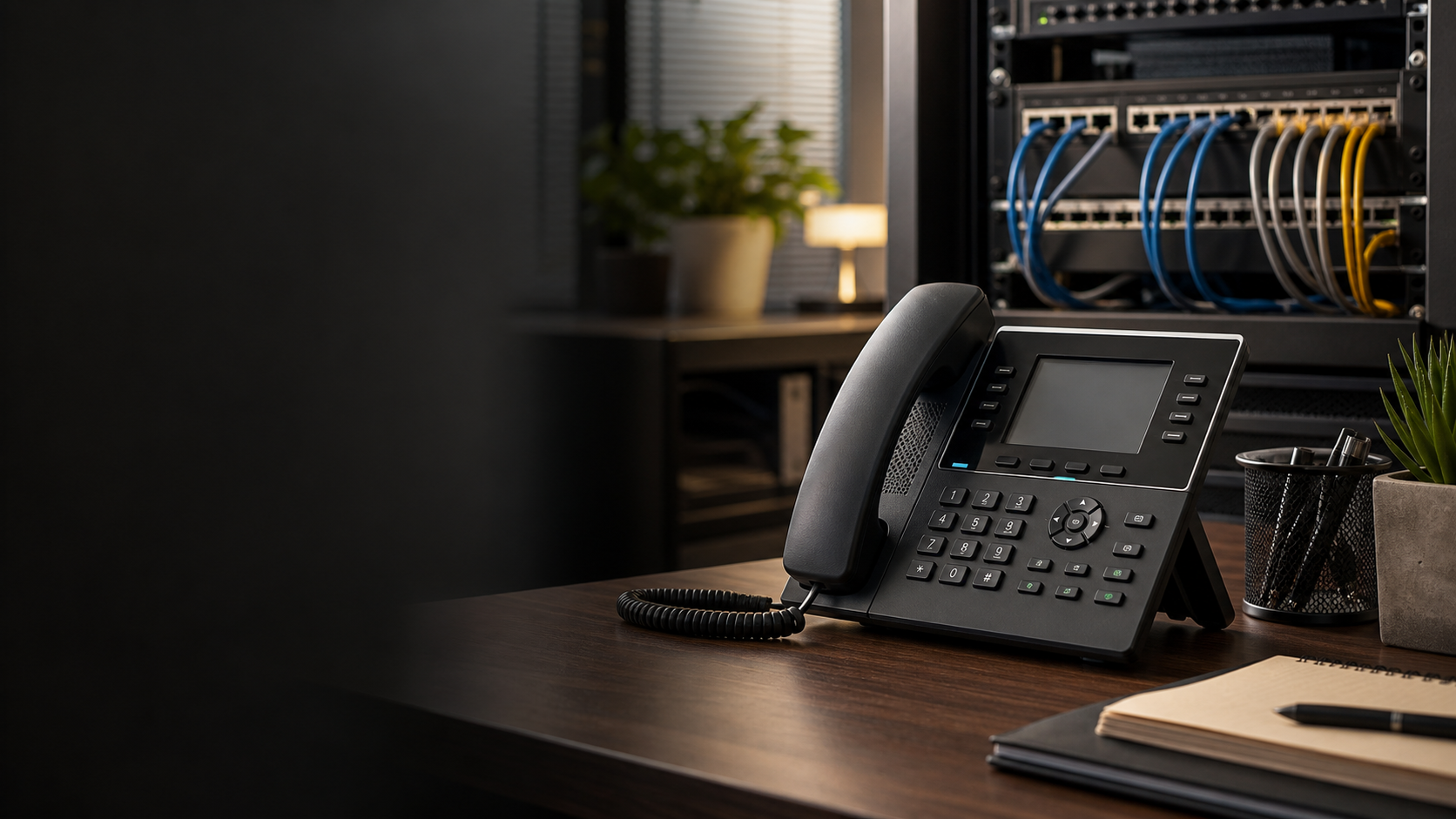 Modern desk phone with tidy business network equipment